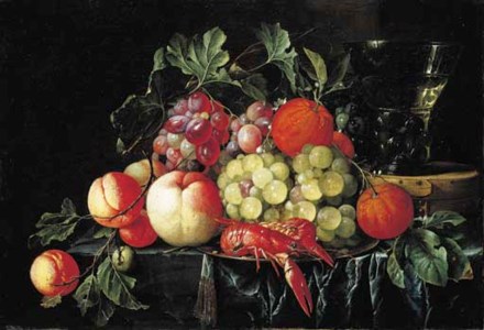 Peaches, oranges, grapes on the vine and crayfish on a pewter plate, with a roemer on a box on a partly draped stone ledge