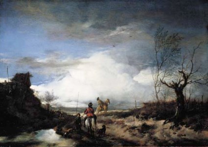 Philips Wouwerman, Two men hawking in an extensive landscape
