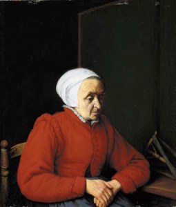 ADRIAEN JANSZ. VAN OSTADE, An elderly lady in a red coat, by a table with a distaff