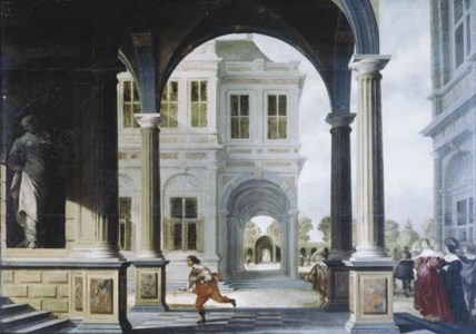 The forecourt of a Renaissance palace with a herald running to the stairs