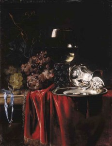 Grapes, a pocketwatch, a roemer , a silver ewer and a plate, on a partly draped marble ledge, the artist at work at his easel reflected in the roemer