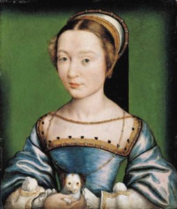Portrait of a lady, bust-length, in a blue dress, holding a puppy