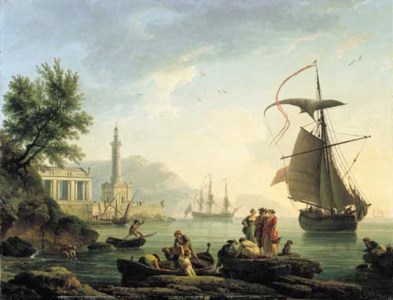 Claude-Joseph Vernet, A Mediterranean harbour at sunset with fisherfolk on a quay
