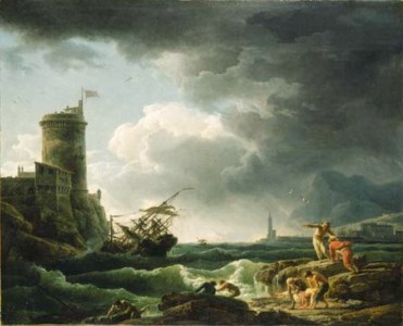 A storm with a shipwreck by a fortress, a castaway in the foreground