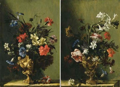 Irises, narcissi, carnations, daffodils and other flowers in gilt urns on stone ledges