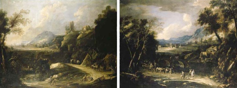A mountainous Italianate landscape with travellers dancing by a stream, a bridge beyond; and A mountainous Italianate landscape with travellers playing boules on a track