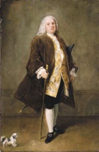 Portrait of a gentleman, full-length, in a gold-embroidered waistcoat and brown coat, holding a cane, his dog beside him