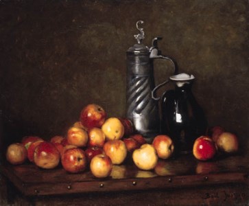 Apples with a tankard and a jug on a table