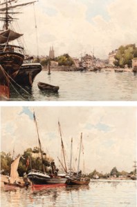 Boats moored in a harbour; and a river estuary