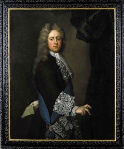 Portrait of a Knight of the Garter, in a brown coat with embroidery with lace collar and cuffs and a lace cravat, wearing the sash and Lesser George, his right hand resting on a cane, beside a draped curtain