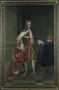 Portrait of Robert D'Arcy, 3rd Earl of Holdernesse (1681-1721), full-length, in Peer's robes, his coronet beside him, in an interior