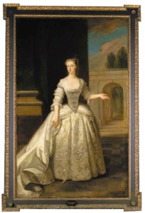 Portrait of Lady Caroline D'Arcy, Countess of Ancram, full-length, in a grey satin dress, beside a column, before an archway, with a landscape beyond