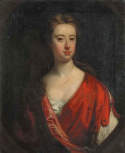 Portrait of a lady of the Barrington family, half-length, in a red dress, feigned oval