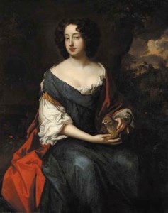 Portrait of Elizabeth, Lady Felton (d.1681), three-quarter-length, seated, in a blue dress with a red wrap, holding a monkey in her lap, a landscape beyond