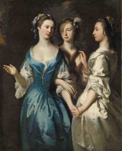 Three girls, three-quarter-length, in blue, pink and oyster satin dresses, in a landscape