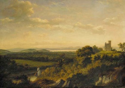 View of Renfrew Castle, with a ship on White Cart Water in the foreground and an extensive view of the River Clyde beyond