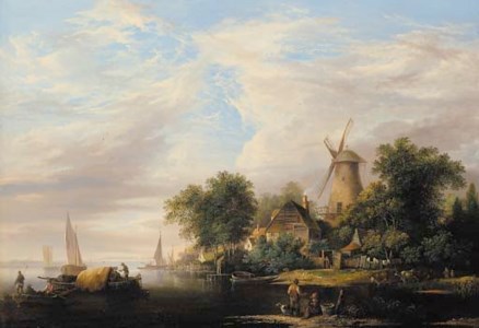A river estuary with a windmill and cottages, boats in the foreground and cattle watering at the river edge