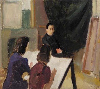 Ronnie de Leeuw and Mientje Corein painting, with Mr de Vos as their model