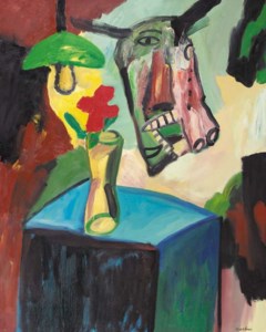 A still life with a flower in a vase and a horse's head