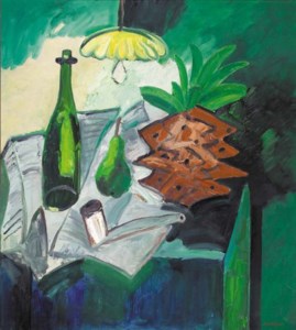 A still life with a pineapple, a bottle, a pear and a pipe on a table