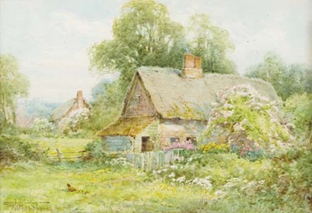 Poultry scratching before a thatched cottage