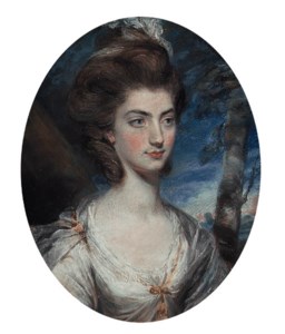 Portrait of Lady Charlotte Hill, Countess Talbot, bust-length, in a white dress with gold trim, in a landscape