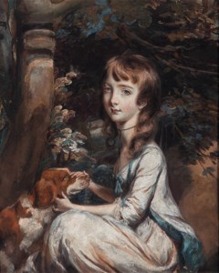 Portrait of a young girl, seated beneath a tree, in a white dress with blue trim, a red and white setter beside her