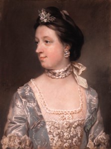 Portrait of Rebecca Tucker, half-length, in a blue dress embroidered with roses and lace work