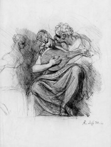 Two lovers, one playing a cithern, with a second girl seated at the keyboard on the left