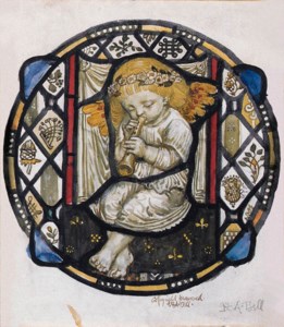 Stained-glass design of putto playing the flute