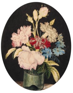 Still-life of Rosa centifolia Cabbage Rose, Dianthus caryophyllus Carnation and Nigella var. , Love in a mist, in a green glass jar