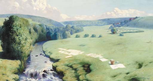 Laundry drying by a river with figures harvesting beyond,in a sunlit pastoral landscape