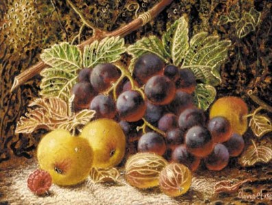 Grapes, apples, gooseberries and a raspberry on a mossy bank