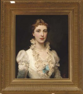 Portrait of a lady, traditionally identified as Lillie Langtry, bust-length, in a white dress with blue ribbon