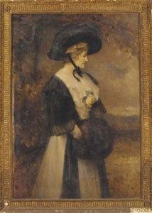 Portrait of a lady, standing three-quarter-length, in a white dress and black shawl and hat, a rose to her corsage, her hands in a fur muff, in a landscape