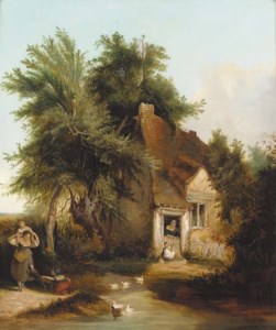 Figures before a cottage in a wooded landscape