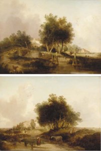 Anglers in a boat with a bridge beyond, in an extensive wooded landscape; and A girl collecting water with a horses and cart and gypsy encampment beyond, in an extensive wooded landscape