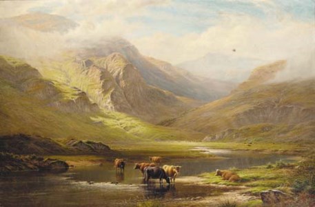 Cattle watering in a Highland landscape