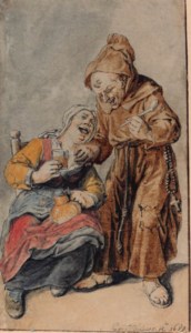 A monk with a pipe offered a glass of beer by a woman