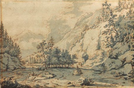 A mountainous wooded river landscape with travellers on a road