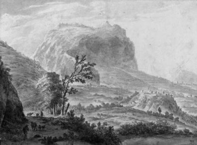 An Italianate landscape with travellers on a road, a village on a hill beyond