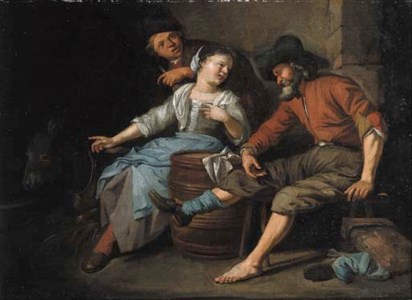 A maid entertaining travellers in a barn