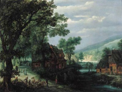 A hamlet by a river, with a swineherd and travellers on a track