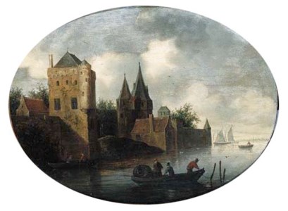 A fortified town on a river, with fishermen in a rowing boat, on a cloudy day