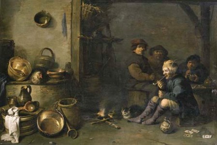 Boors smoking by a fire in a barn, with pots, pans and other kitchen utensils in the foreground