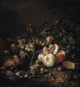 Peaches, grapes, walnuts, mushrooms, snails and a thistle, on a river bank