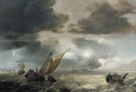 A wijdschip lowering sails with fishermen in a rowing boat hauling in their nets, as a storm approaches