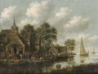An inn by a river with moored sailing vessels and a washerwoman on a jetty