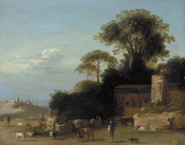 An Italianate landscape with goatherds amongst ruins