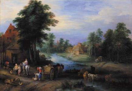 A village by a river with peasants unloading a cart